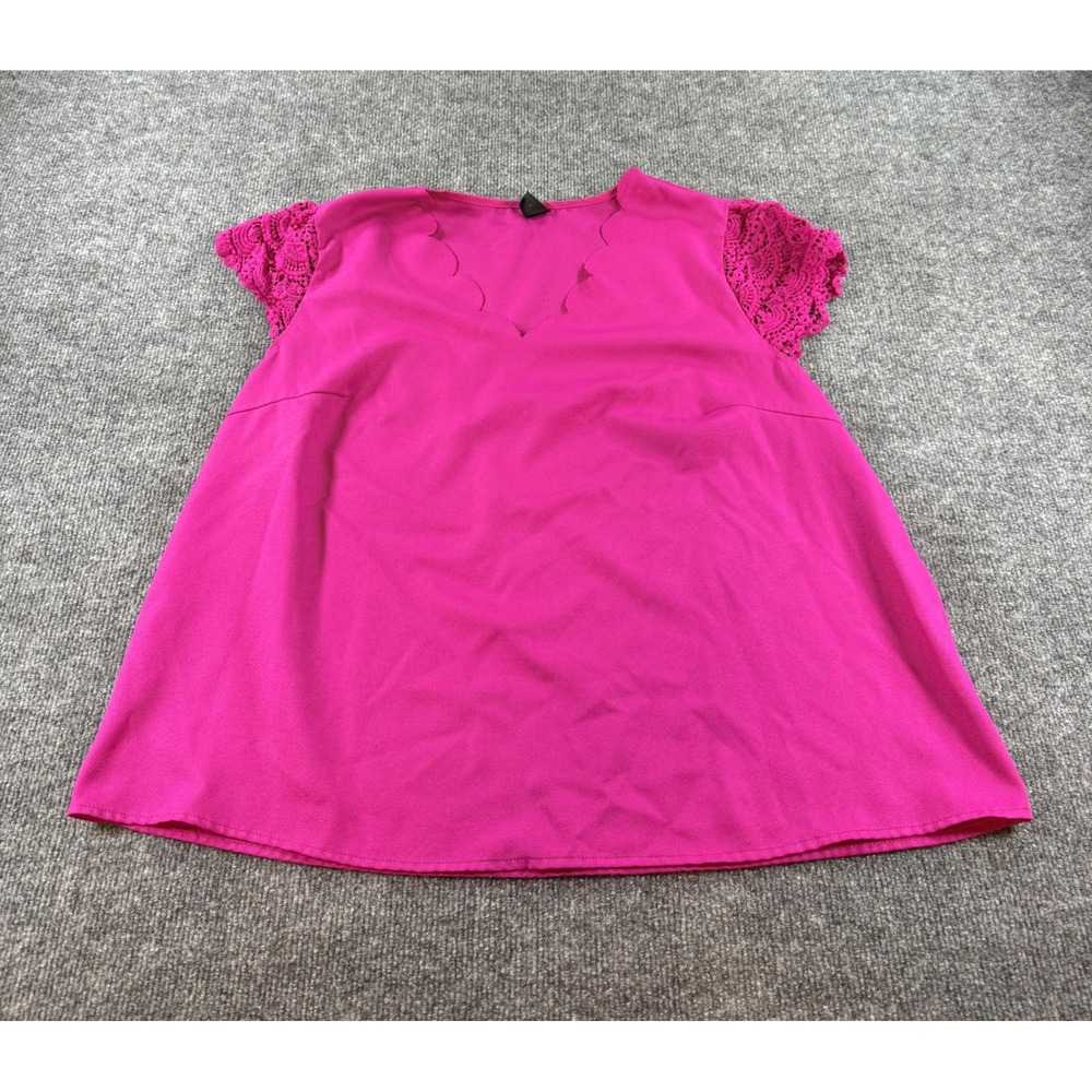 Emery Rose Magenta Pink Scalloped V-Neck Crochet Lace Sleeve Blouse XL